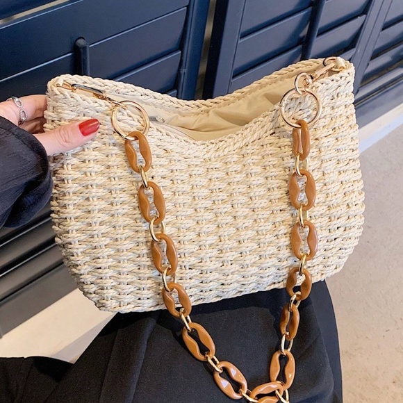 Boho Straw Woven Rattan Chain Strap Shoulder Bag